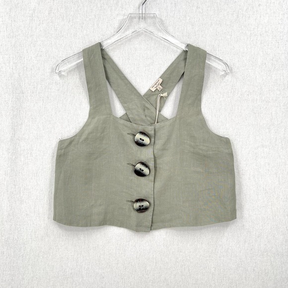 MARY LAWLESS LEE X SPLENDID Linen Top Sage Medium Apron Button Front Cross back - Picture 4 of 16